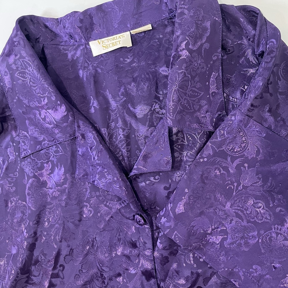 VTG Victorias Secret Gold Label Sleep Shirt Womens M/L Purple Silky Short Sleeve